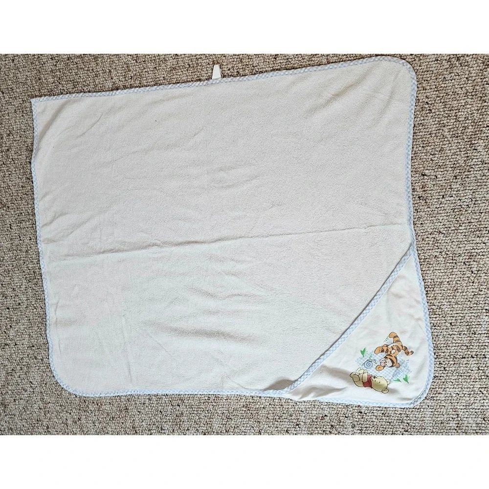 Disney Winnie the Pooh Tigger Hooded Baby Towel White Blue Gingham Trim Vintage